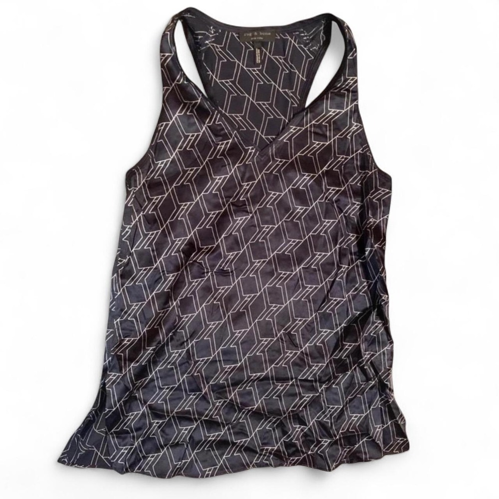 Rag & Bone Geometric Silk Charmeuse Tank Top XXS Optical Illusion Print Black